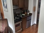 Kitchenette with an under the counter fridge